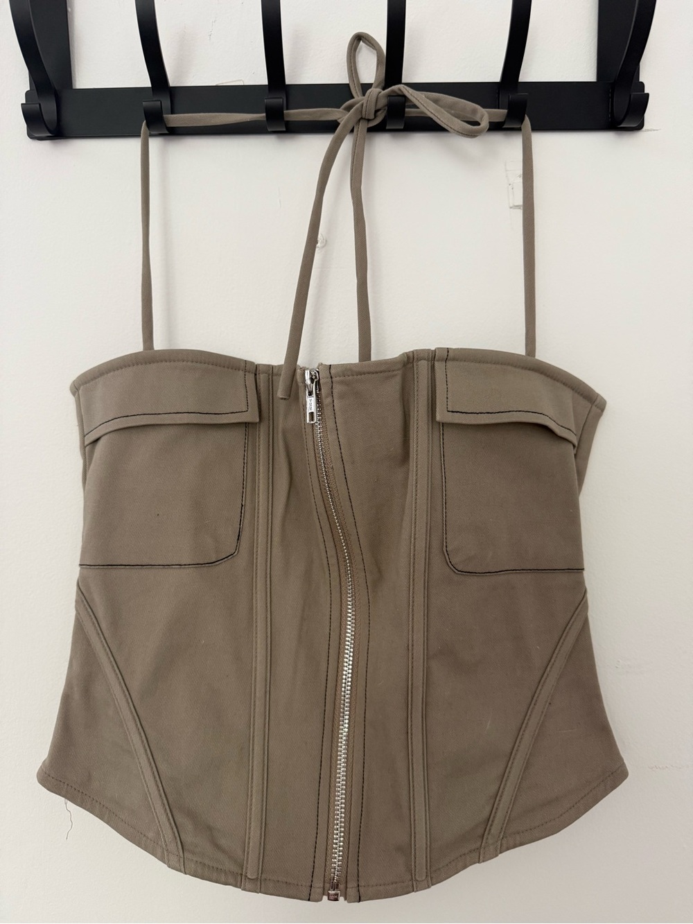 Taupe Strapless Corset Crop Top with Front Zip